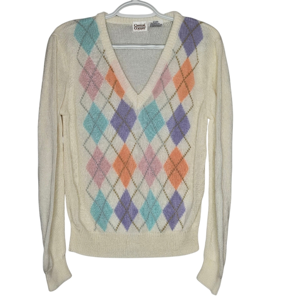 Vintage Casual‎ Corner Knit Argyle Sweater Vneck Pastel Womens Size Large Preppy
